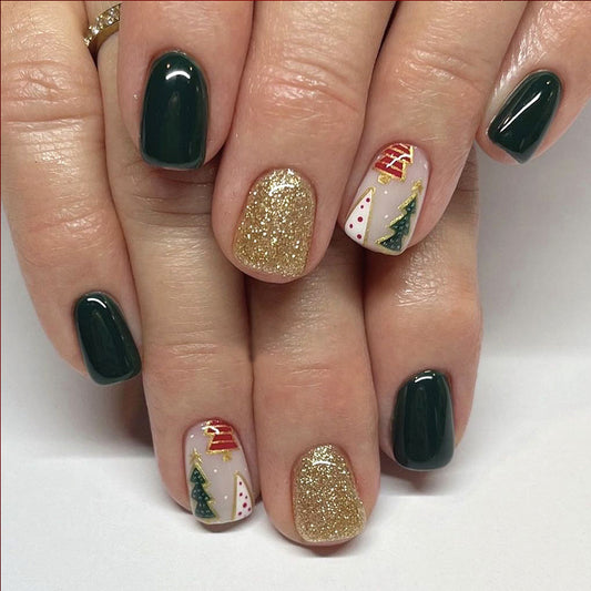 Festive Forest Square Green and Gold Glitter Press On Short Nail Set with Holiday Tree Designs