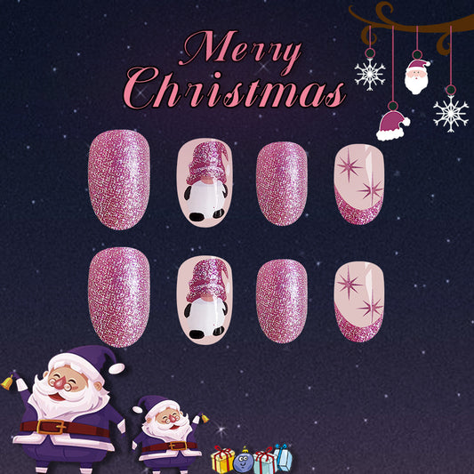 A set of press-on nails featuring a pink glitter base with a cute panda design, displayed alongside decorative elements like snowflakes and a Santa Claus figure.
