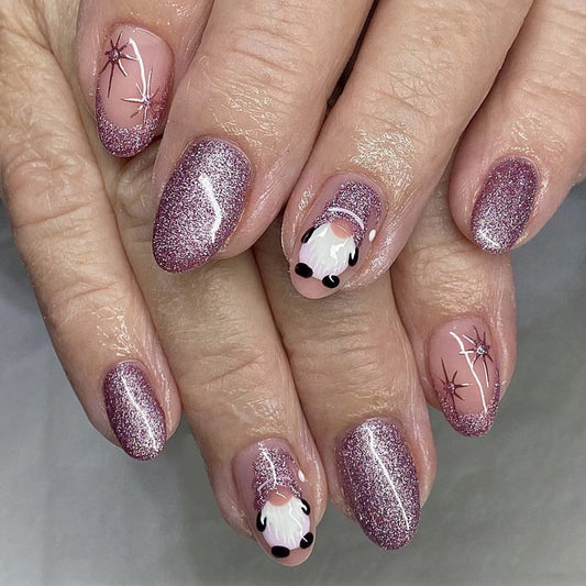 Festive Glamour Medium Almond Glittery Pink Press On Nail Set with Santa Design and Star Accents