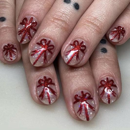 Holiday Gift Sparkle Short Oval Red Glitter Press On Nail Set with Festive Bow Design