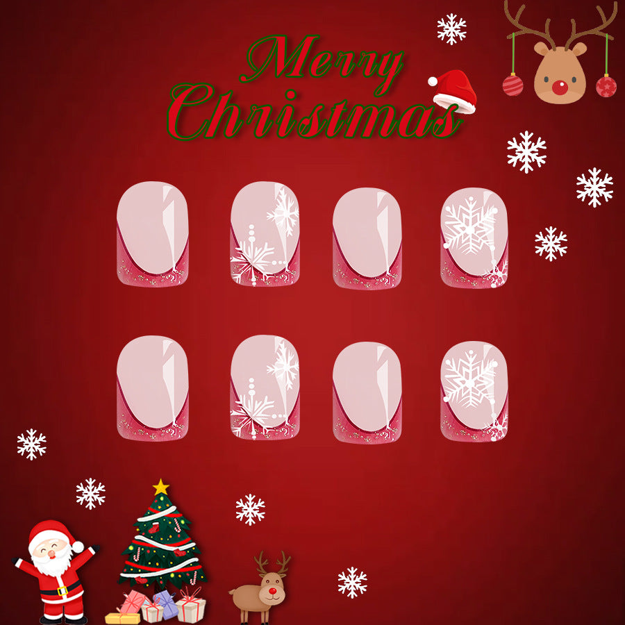Festive Winter Wonderland Short Square Pink Glitter Press On Nail Set with Snowflake Design