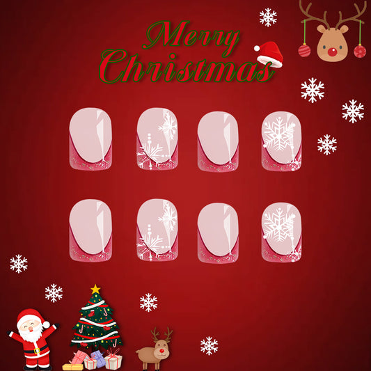 Festive Winter Wonderland Short Square Pink Glitter Press On Nail Set with Snowflake Design