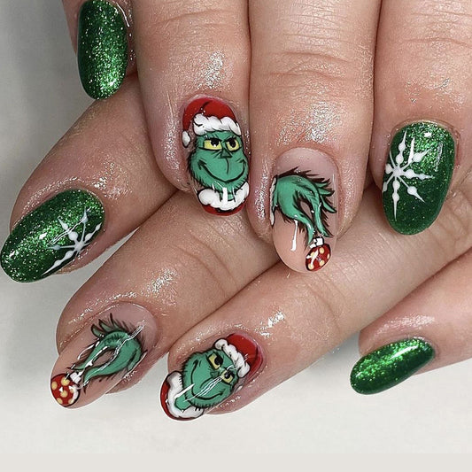 Grinch Inspired Long Oval Shaped Green Glitter Press On Nail Set Featuring Festive Santa Designs