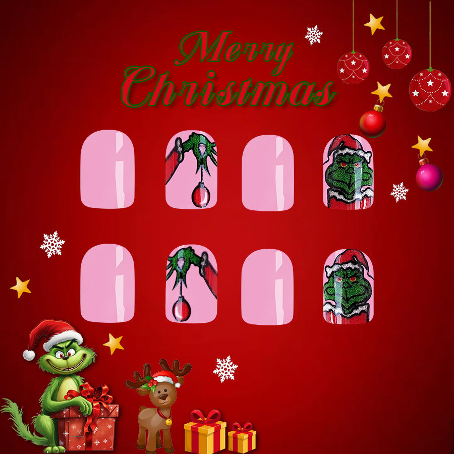 Festive Grinch Fantasy Short Square Pink Nails With Holiday Designs And Character Art