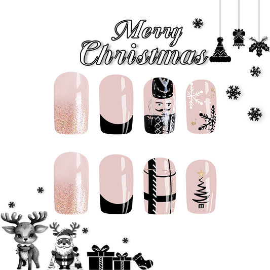 Festive Christmas Medium Square Blush Pink Press On Nail Set with Nutcracker and Snowflake Designs