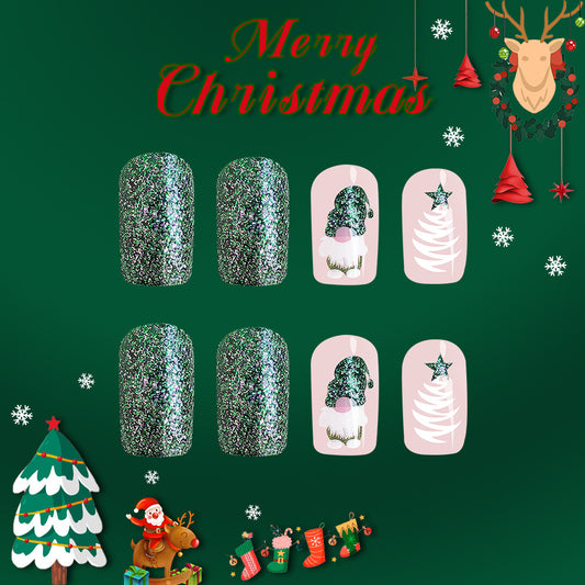Festive Winter Wonderland Press On Nail Set Square Medium Green Glitter and Whimsical Gnome Design