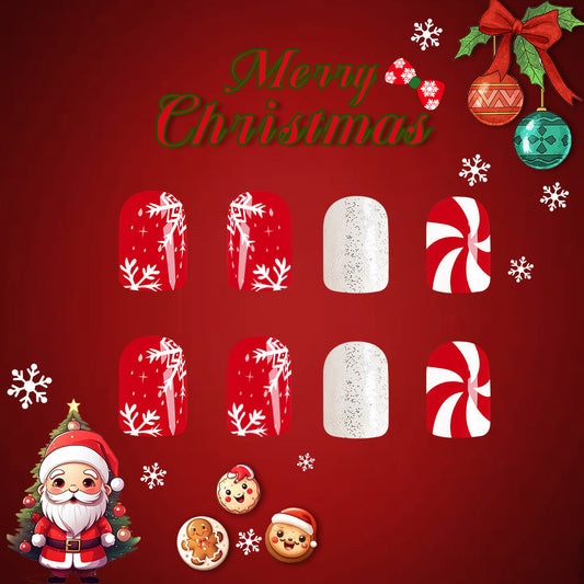 Christmas Spirit Medium Square Red White and Glittery Snowflakes and Candy Cane Press On Nail Set