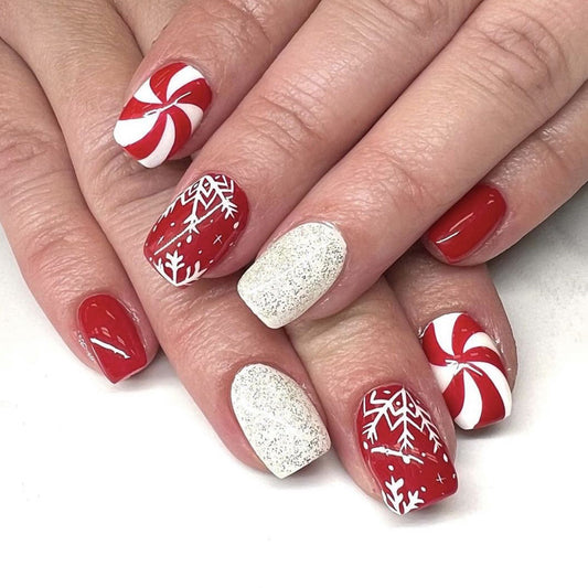 Candy Cane Delight Medium Square Red White Glitter Press On Nail Set with Festive Holiday Designs