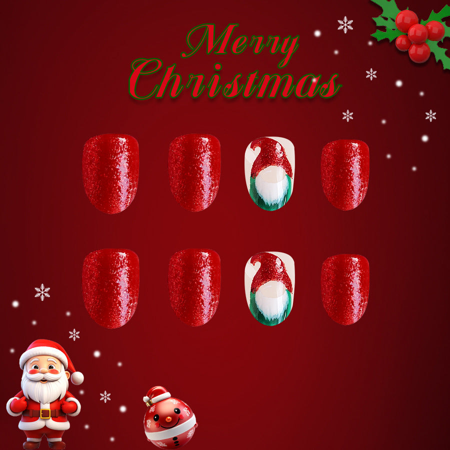 Festive Cheer Medium Oval Red Glitter Press On Nail Set with Santa Hat Design
