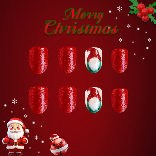 Festive Cheer Medium Oval Red Glitter Press On Nail Set with Santa Hat Design
