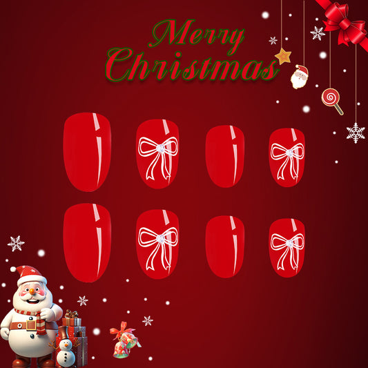 Festive Holiday Cheer Red Oval Press On Nail Set Medium Lasting Nails with Bow Designs