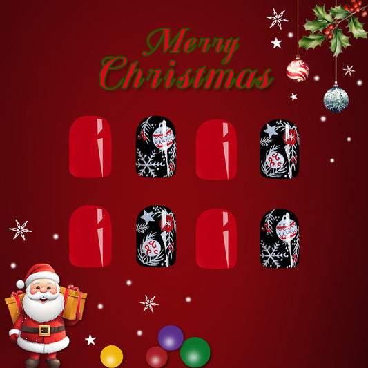 Festive Wonderland Red and Black Short Oval Press On Nail Set with Snowflake and Ornament Designs