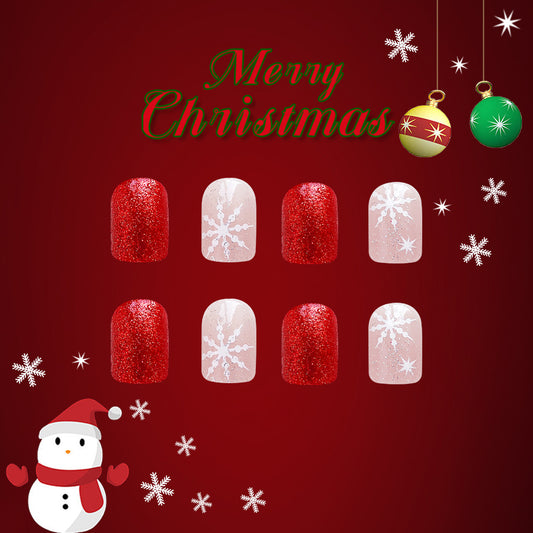 Festive Winter Red and White Short Square Press On Nail Set with Glitter and Snowflake Design