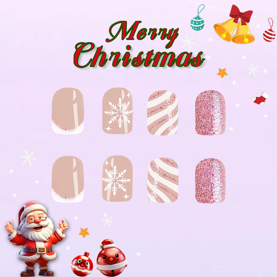 Set of Christmas-themed nail art designs with Santa Claus and ornaments on a light purple background.