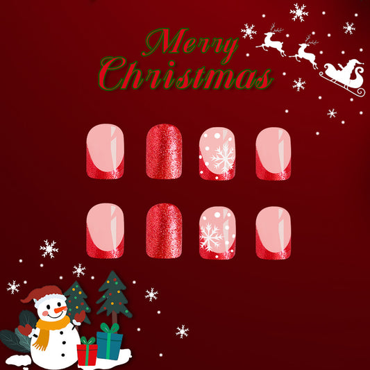 Festive Joy Red Square Press On Nail Set Short with Glitter and Snowflake Design