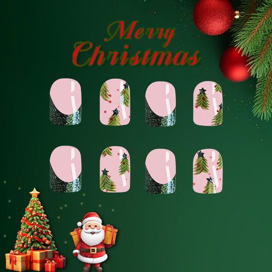 Merry Christmas Festive Square Pink Green Glitter Press On Short Nail Set with Holiday Tree Design