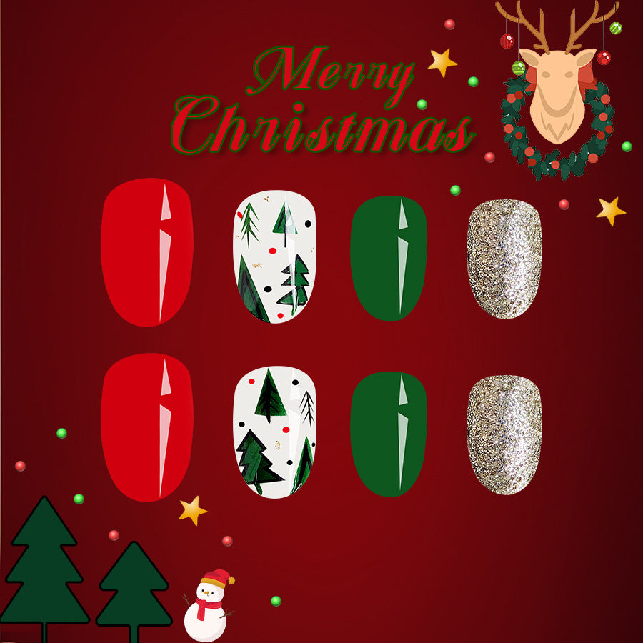 Set of Christmas-themed nail designs on a red background with festive decorations.