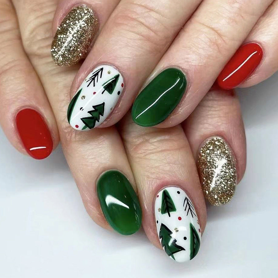 Festive Holiday Instant Glam Medium Oval Red Green Gold Glitter Nail Set with Christmas Tree Design