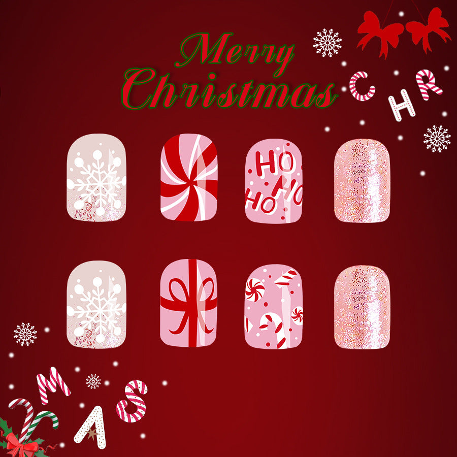 Set of Christmas-themed nail art designs on a red background with 'Merry Christmas' text.