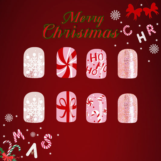 Set of Christmas-themed nail art designs on a red background with 'Merry Christmas' text.