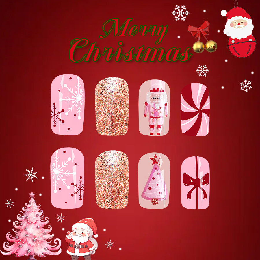 Set of Christmas-themed nail art designs on a red background with Santa Claus and snowflakes.