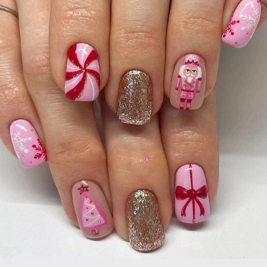 Festive Winter Wonderland Medium Square Pink and Red Press On Nail Set with Glitter and Holiday Designs