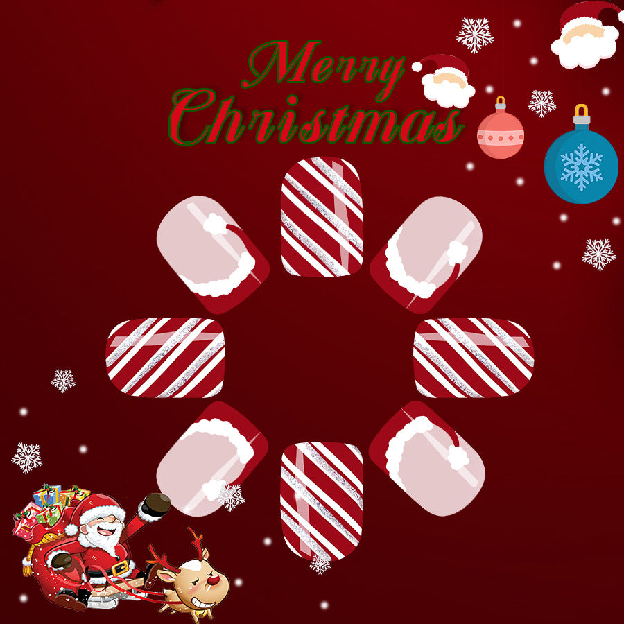 Festive Elegance Christmas Press-On Nail Set in Short Square Candy Cane Red and White with Glitter Accents