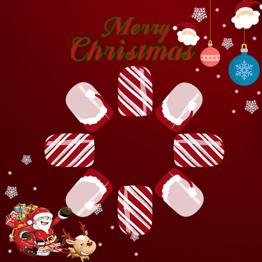 Festive Elegance Christmas Press-On Nail Set in Short Square Candy Cane Red and White with Glitter Accents