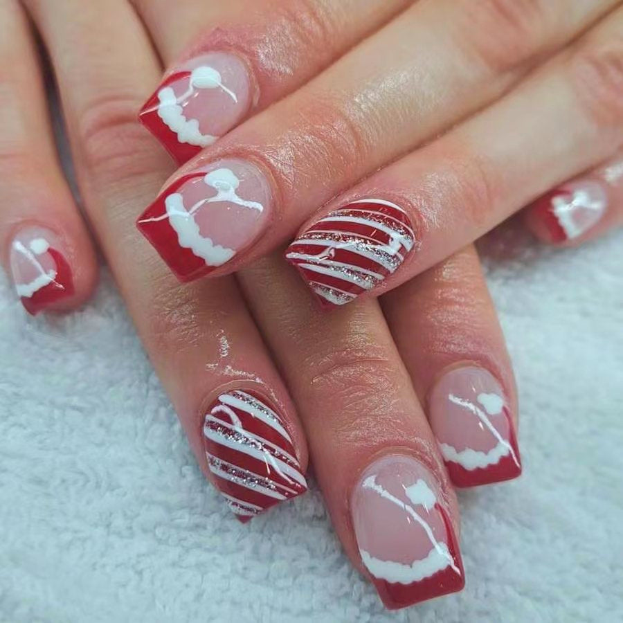 Holiday Cheer Red Square Press On Medium Nail Set with Festive White and Glittery Stripes