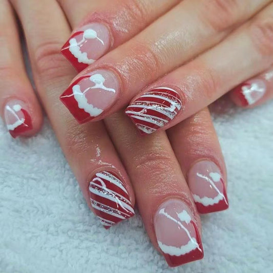 Holiday Cheer Red Square Press On Medium Nail Set with Festive White and Glittery Stripes