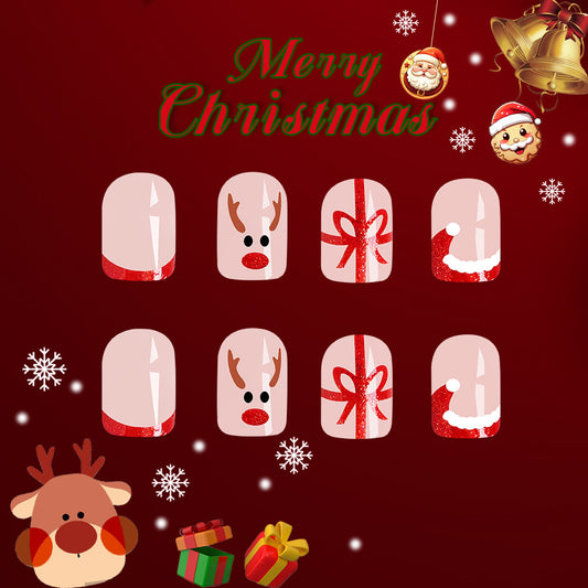 Festive Holiday Cheer Short Square Red and White Press On Nail Set Featuring Cute Reindeer and Christmas Designs