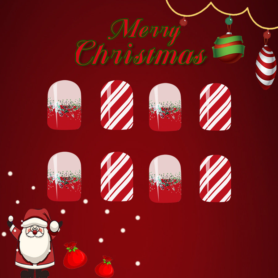 Christmas-themed nail art designs on a red background with Santa Claus and ornaments.