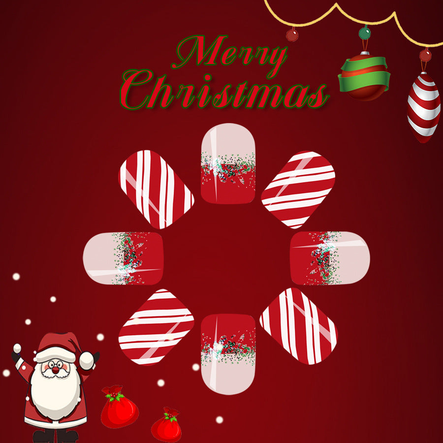 Festive Cheer Glossy Short Square Red and White Candy Cane Nail Set with Sparkling Glitter Accents