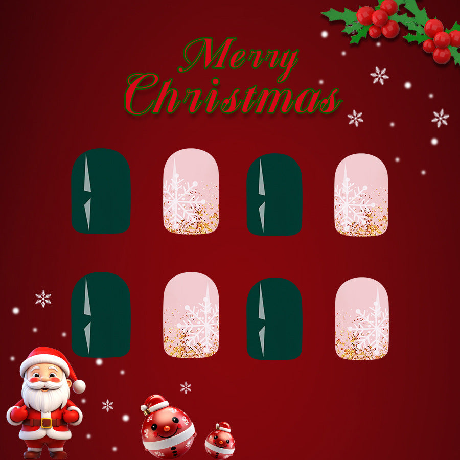 Festive Winter Wonderland Short Square Press On Nail Set Green and Pink with Glitter Snowflake Design