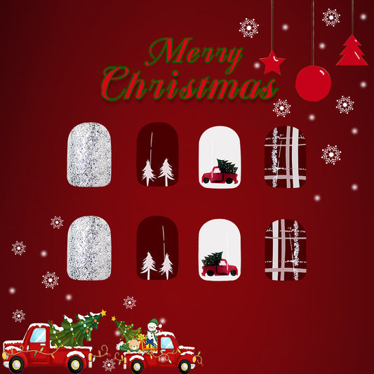 Festive Christmas Glam Glittery Square Red and White Press On Medium Nail Set with Winter Truck Design and Tree Accents