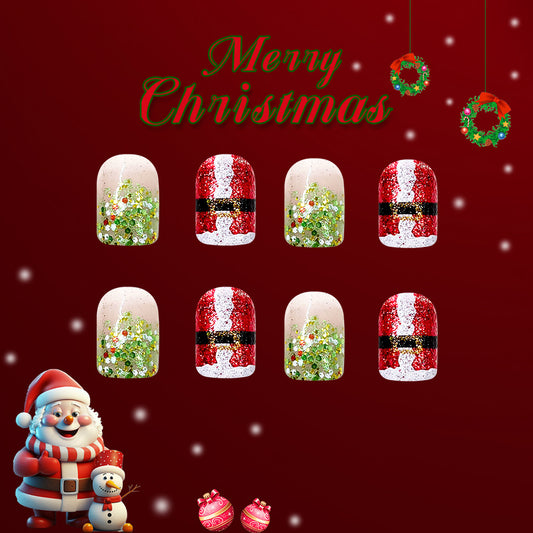A set of long square press-on nails with a red and green glitter design, displayed in a grid arrangement with a 'Merry Christmas' message and decorative elements like Santa Claus and holiday ornaments in the background.