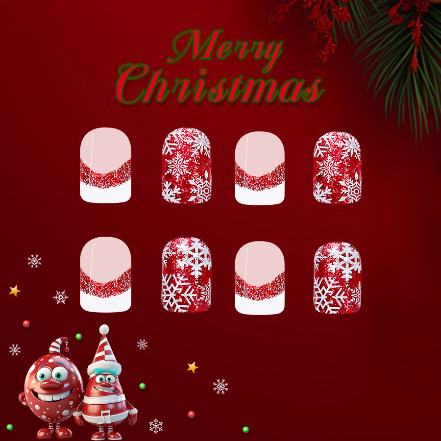 A set of press-on nails featuring a red and white glittery Christmas-themed pattern, displayed in a grid arrangement with 'Merry Christmas' text in the background.