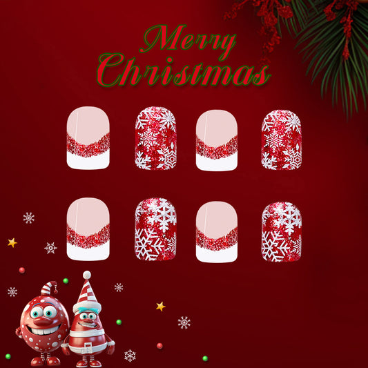 A set of press-on nails featuring a red and white glittery Christmas-themed pattern, displayed in a grid arrangement with 'Merry Christmas' text in the background.