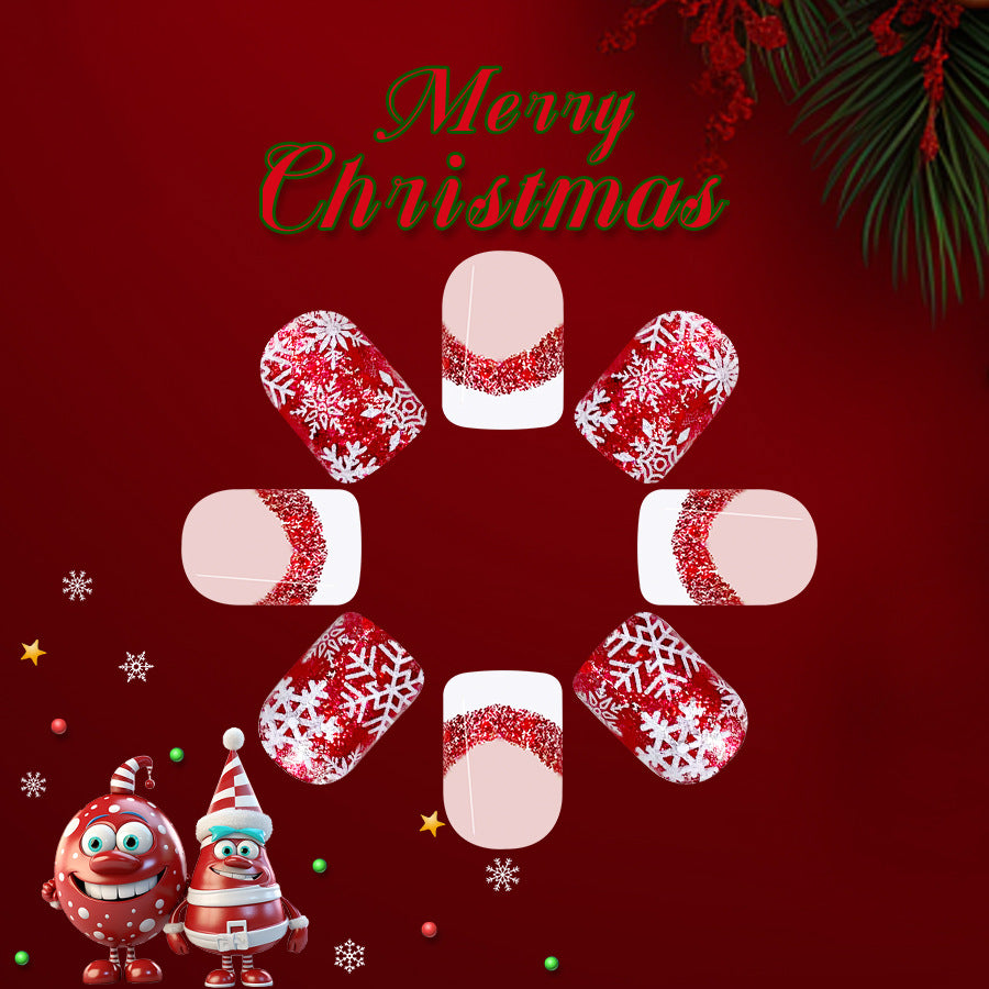 Festive Winter Wonderland Long Square Red and White Snowflake Press On Nail Set with Glittery Design