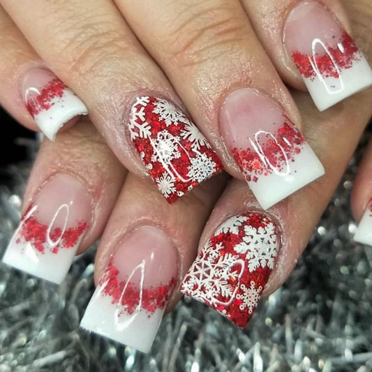 Festive Winter Wonderland Long Square Red and White Glitter Press On Nail Set with Snowflake Designs