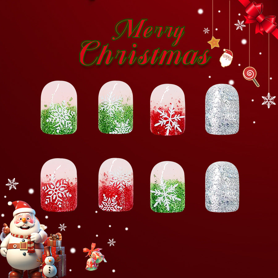 Festive Winter Wonderland Press On Nail Set Medium Square Green Red and Silver Sparkle Designs