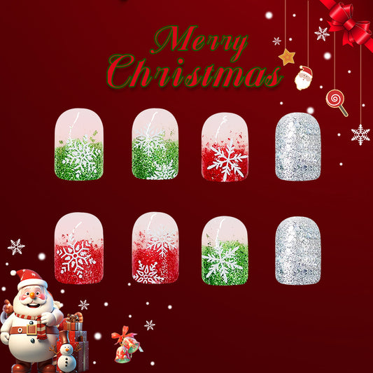Festive Winter Wonderland Press On Nail Set Medium Square Green Red and Silver Sparkle Designs