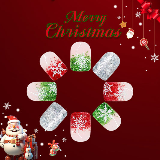 Festive Holiday Cheer Medium Square Red Green and Silver Glitter Snowflake Press On Nail Set