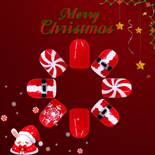 Festive Joy Coffin Red and White Press On Medium Nail Set with Santa and Snowflake Designs