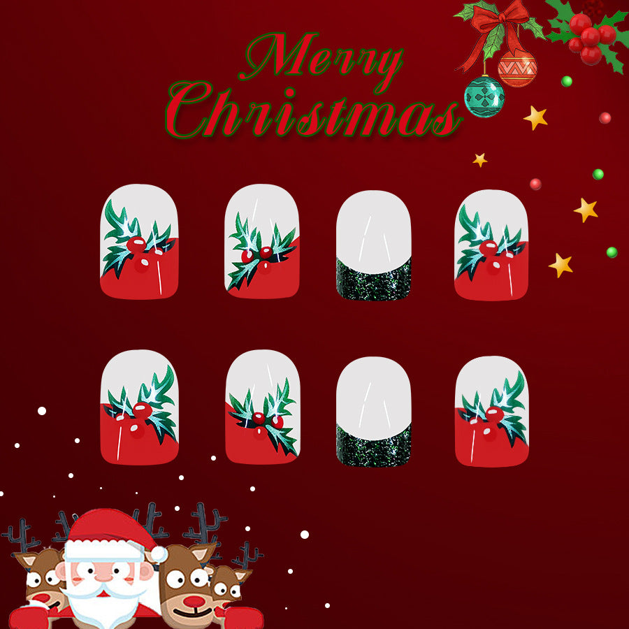 Festive Cheer Medium Square Red and Green Holiday Press On Nail Set with Glitter Tips