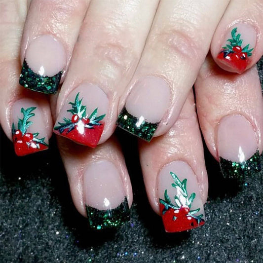 Festive Holiday Cheer Medium Square Green and Red Glitter Press On Nail Set with Holly Design