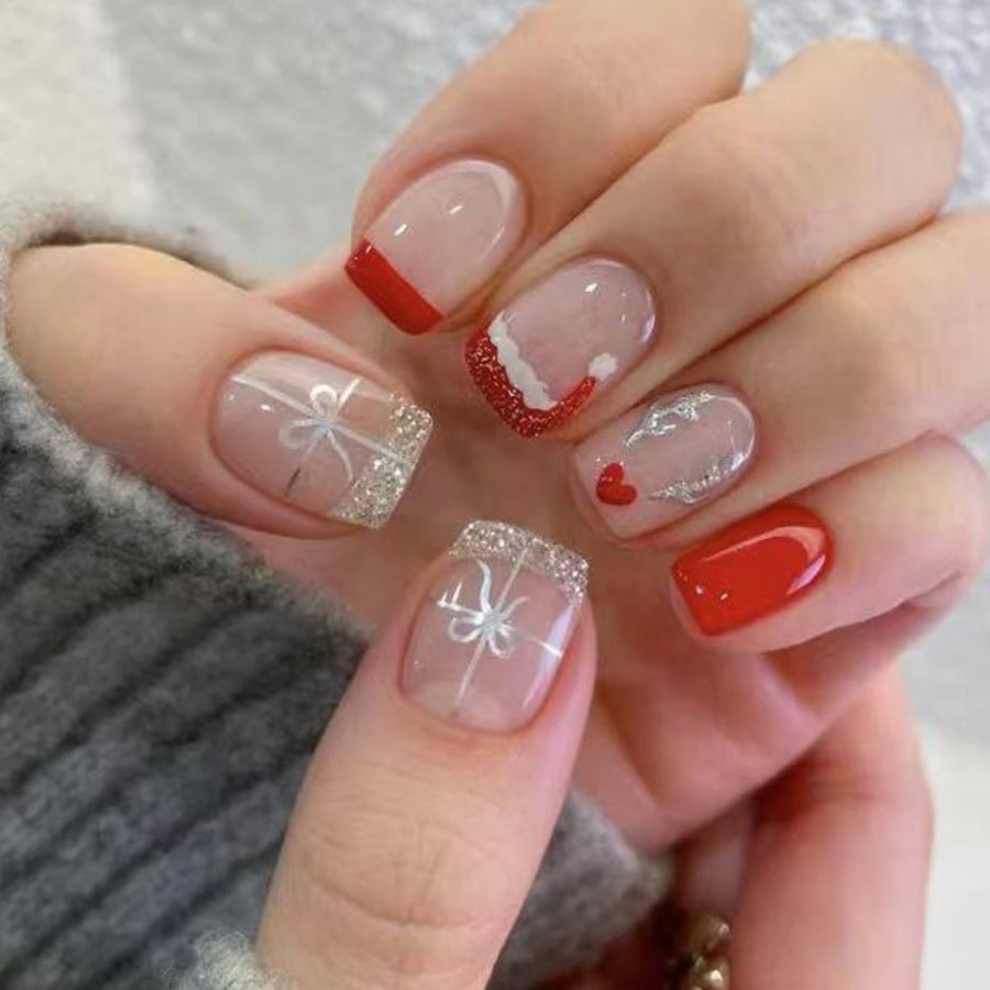 Festive Holiday Glam Medium Square Red and Sparkling Glitter Press On Nail Set with Adorable Christmas Designs