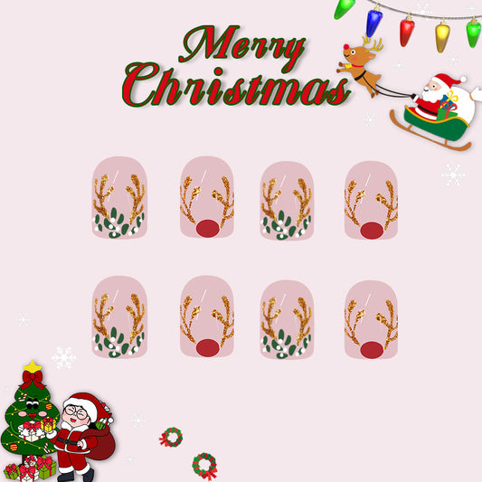 Festive Cheer Short Squoval Pink with Gold Antler Design Press On Nail Set