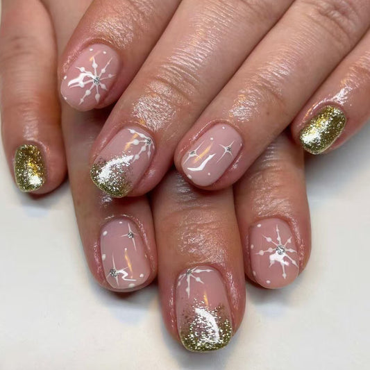 Celestial Glamour Short Squoval Light Pink Glitter Ombre with Sparkling Star Accents Press On Nail Set