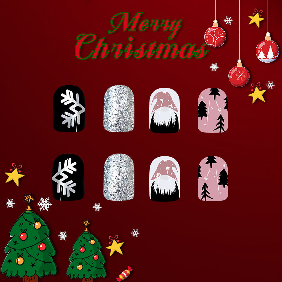 Festive Winter Wonderland Short Square Black Silver and Pink Artistic Christmas Nail Press Set